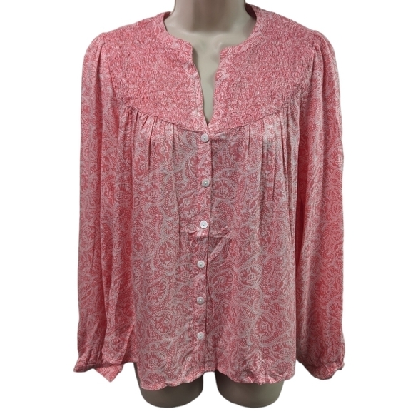 Lucky Brand Printed Button Down Pintuck Top Sz XS - Picture 1 of 10